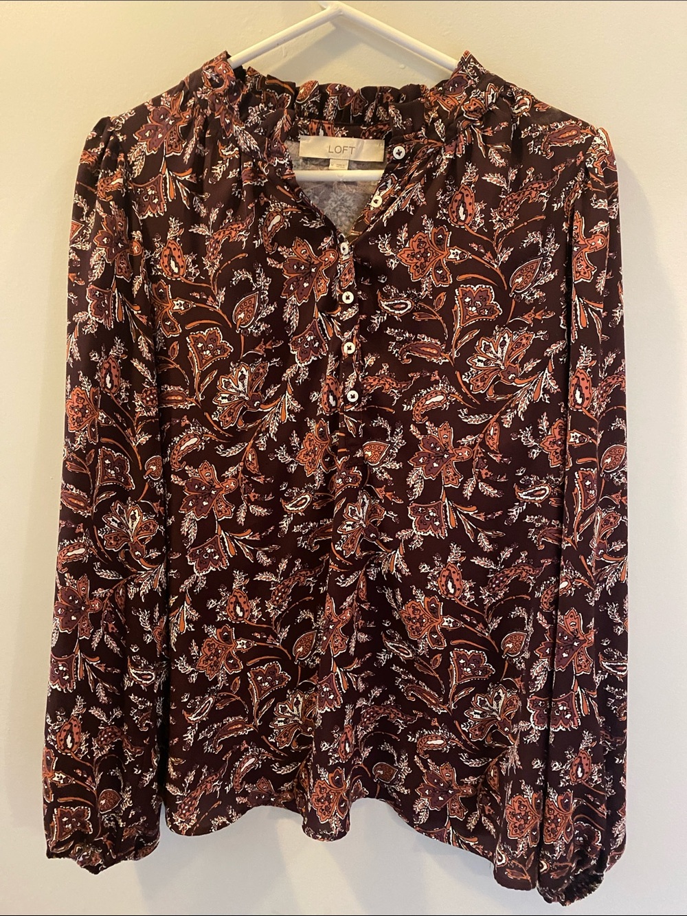 LOFT Burgundy Floral Paisley Button-Front Blouse